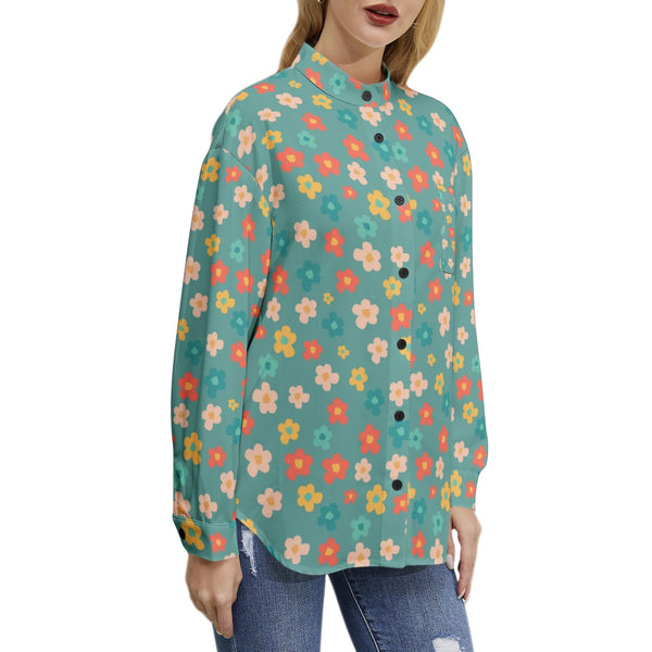 Long Sleeve Button Up Casual Shirt Top Floral Blue Print