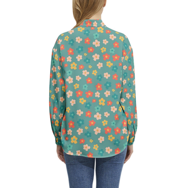 Long Sleeve Button Up Casual Shirt Top Floral Blue Print