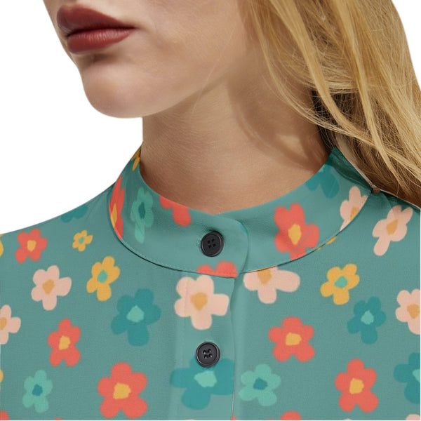 Long Sleeve Button Up Casual Shirt Top Floral Blue Print