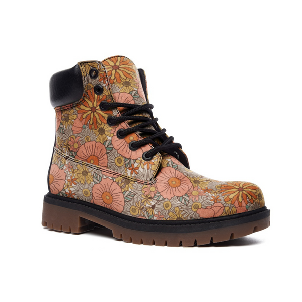 Pink Floral Combat Boots Faux Leather Unisex Padded Ankle
