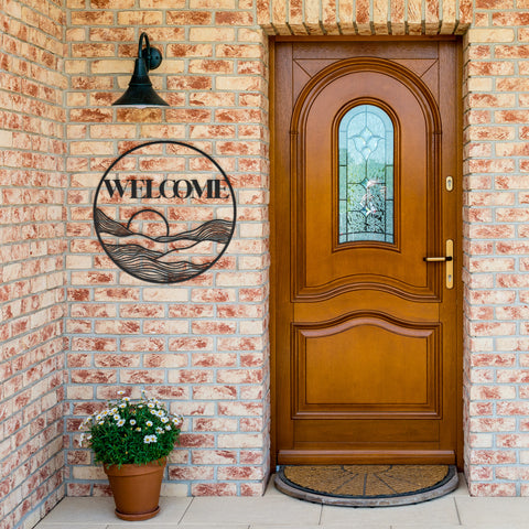 Metal Sign Circle Sun Welcome Sign Wall Art Bohemian Midwest Steel Artwork, Multiple Sizes & Colors