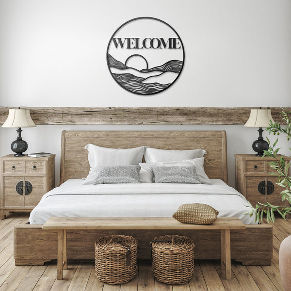 Metal Sign Circle Sun Welcome Sign Wall Art Bohemian Midwest Steel Artwork, Multiple Sizes & Colors