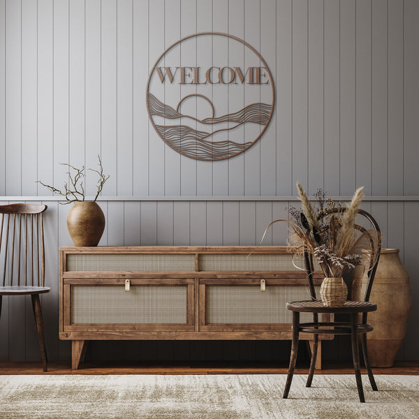 Metal Sign Circle Sun Welcome Sign Wall Art Bohemian Midwest Steel Artwork, Multiple Sizes & Colors