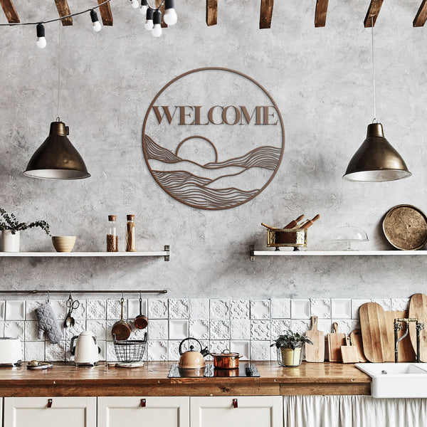 Metal Sign Circle Sun Welcome Sign Wall Art Bohemian Midwest Steel Artwork, Multiple Sizes & Colors