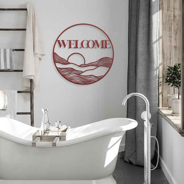 Metal Sign Circle Sun Welcome Sign Wall Art Bohemian Midwest Steel Artwork, Multiple Sizes & Colors