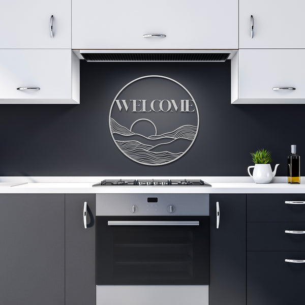 Metal Sign Circle Sun Welcome Sign Wall Art Bohemian Midwest Steel Artwork, Multiple Sizes & Colors