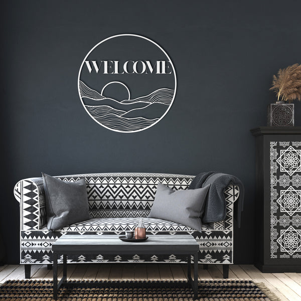 Metal Sign Circle Sun Welcome Sign Wall Art Bohemian Midwest Steel Artwork, Multiple Sizes & Colors