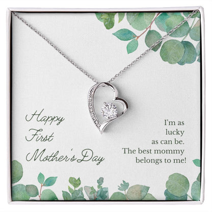 Happy First Mother's Day Gift Heart Necklace, 1st Mother's White or Yellow gold