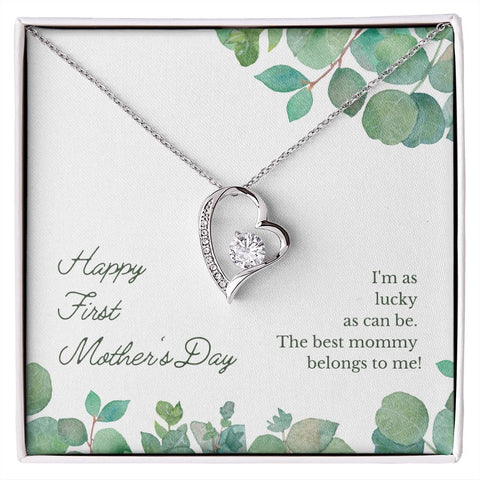 Happy First Mother's Day Gift Heart Necklace, 1st Mother's White or Yellow gold