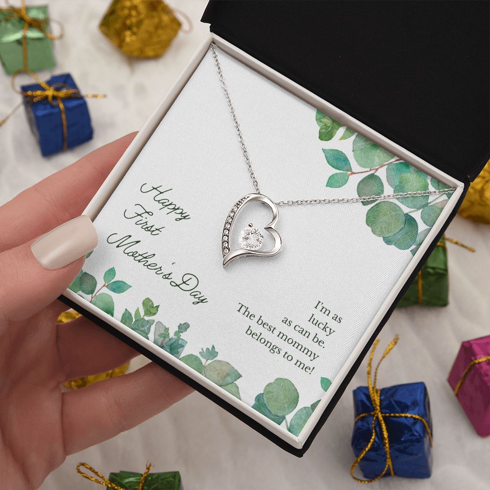 Happy First Mother's Day Gift Heart Necklace, 1st Mother's White or Yellow gold
