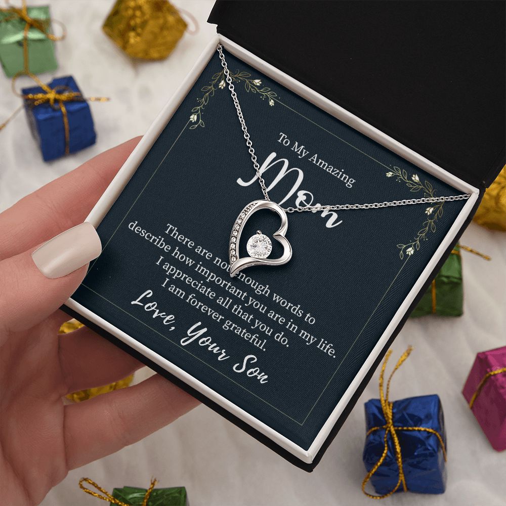 Gifts for Mom Heart Necklace from Son, Cubic Zirconia White or Yellow Gold