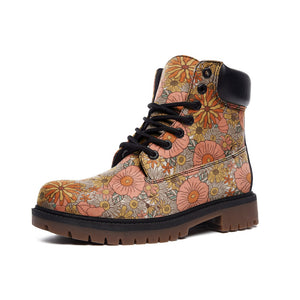 Pink Floral Combat Boots Faux Leather Unisex Padded Ankle