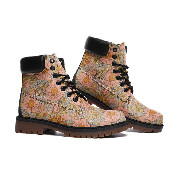 Pink Floral Combat Boots Faux Leather Unisex Padded Ankle
