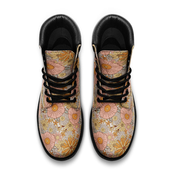 Pink Floral Combat Boots Faux Leather Unisex Padded Ankle